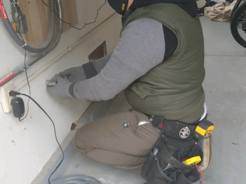 Electrician performing outlet wiring in a Tomball garage